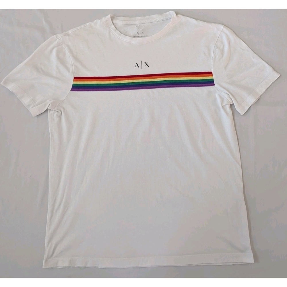 Armani Exchange AX Mens T-Shirt Medium White Rainbow Stripe Pride Logo Red Star